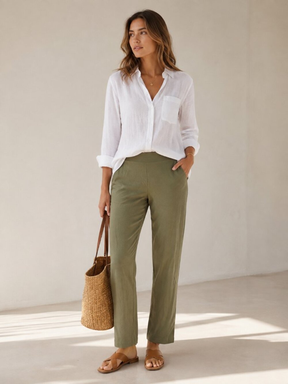 Eileen Fisher Olive Green Stretch Knit Pull On Straight Leg Pants M
